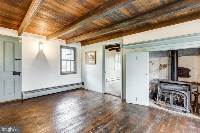 unfurnished living room with baseboard heating, a wood stove, beamed ceiling, and wood ceiling