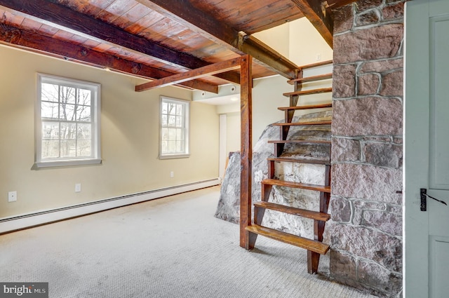 stairs featuring wood ceiling, beamed ceiling, a baseboard radiator, and carpet