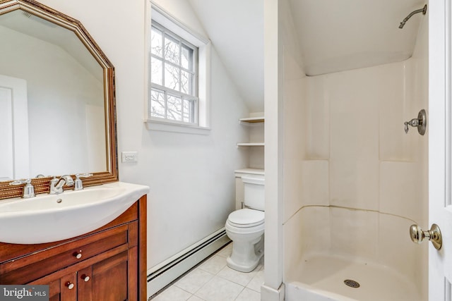 bathroom featuring walk in shower, baseboard heating, tile patterned flooring, lofted ceiling, and vanity