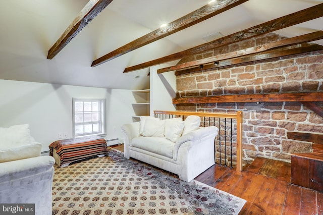 living room featuring wood-type flooring, lofted ceiling with beams, and a baseboard heating unit