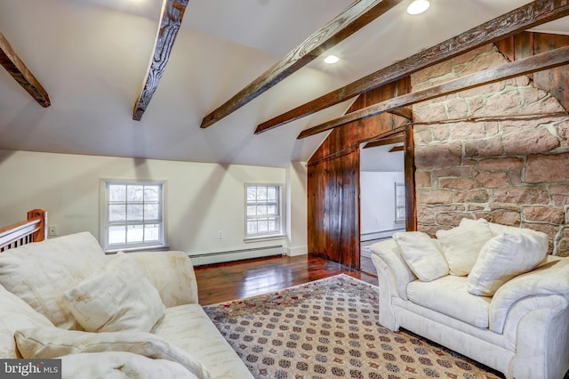 living room with vaulted ceiling with beams, a baseboard radiator, and wood-type flooring