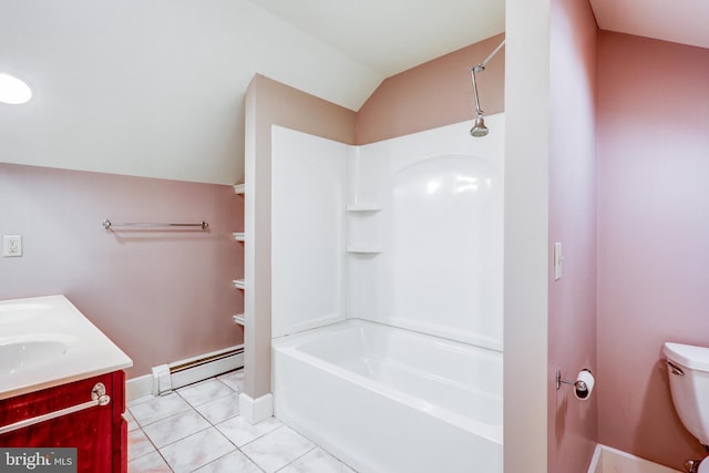 full bathroom featuring vanity, a baseboard heating unit, tile patterned floors, vaulted ceiling, and toilet