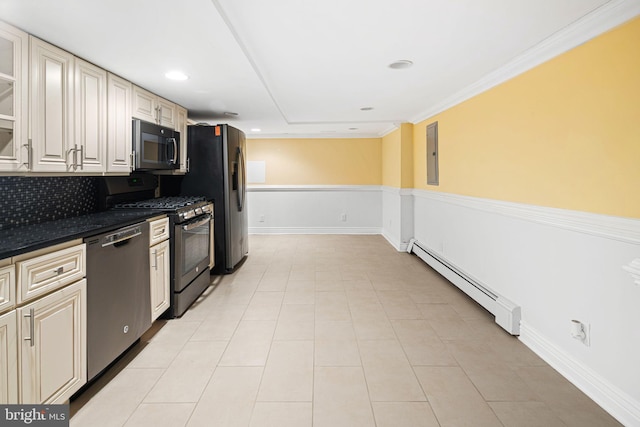 kitchen with backsplash, stainless steel appliances, crown molding, a baseboard radiator, and electric panel