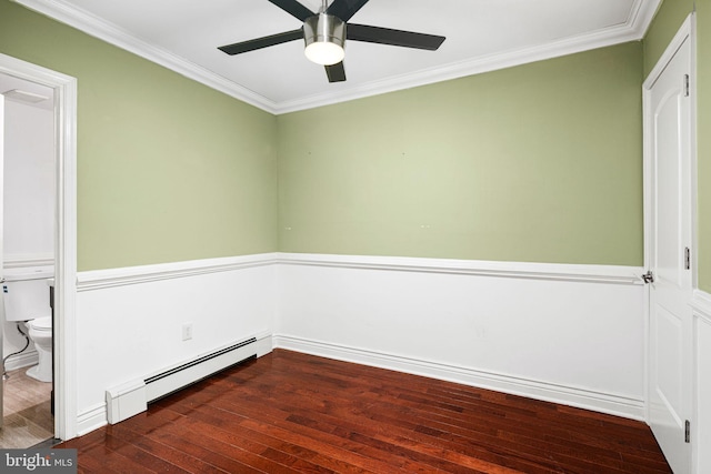 empty room with baseboard heating, crown molding, dark hardwood / wood-style flooring, and ceiling fan