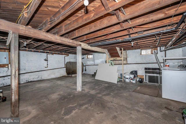 basement with electric panel and washer / clothes dryer