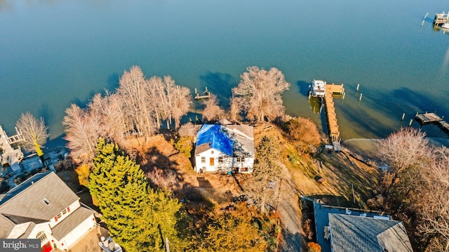 drone / aerial view featuring a water view