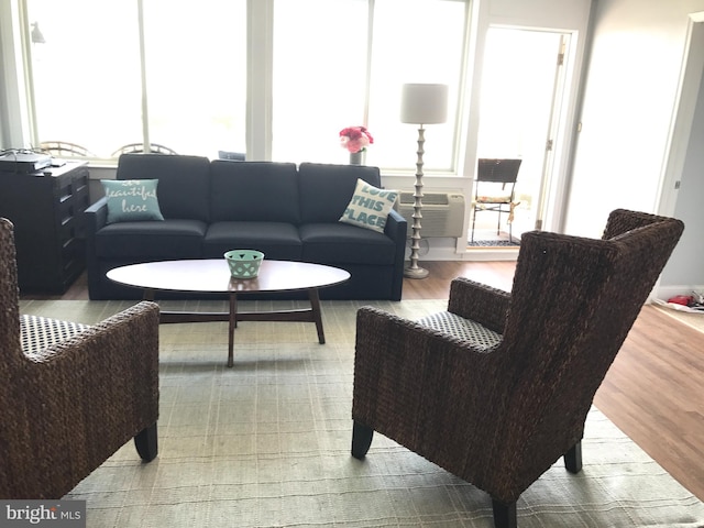 living room with hardwood / wood-style floors and a wall unit AC