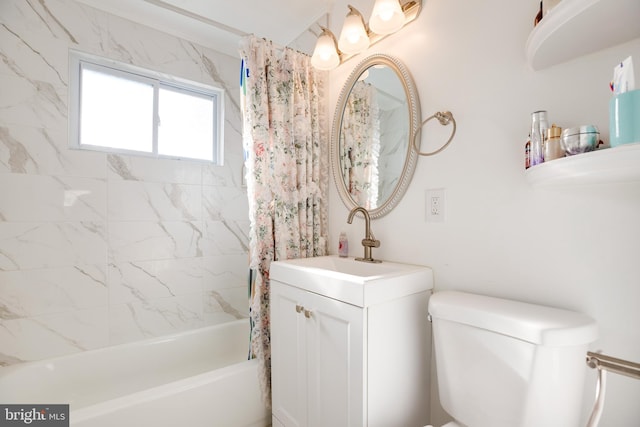 full bathroom with vanity, shower / bathtub combination with curtain, and toilet