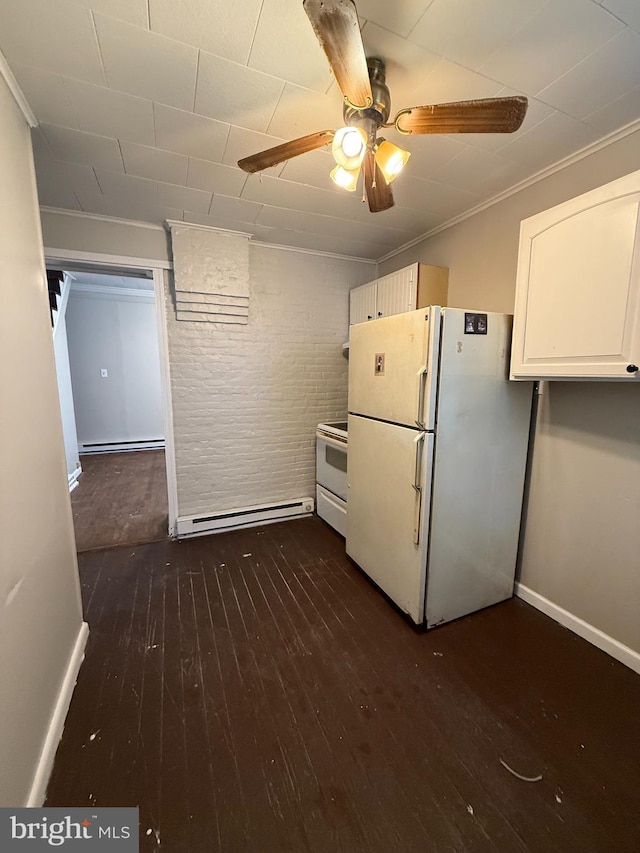 kitchen featuring white appliances, dark wood-type flooring, crown molding, a baseboard radiator, and white cabinetry