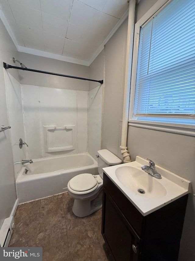 full bathroom featuring vanity, shower / bathtub combination, crown molding, and a baseboard heating unit