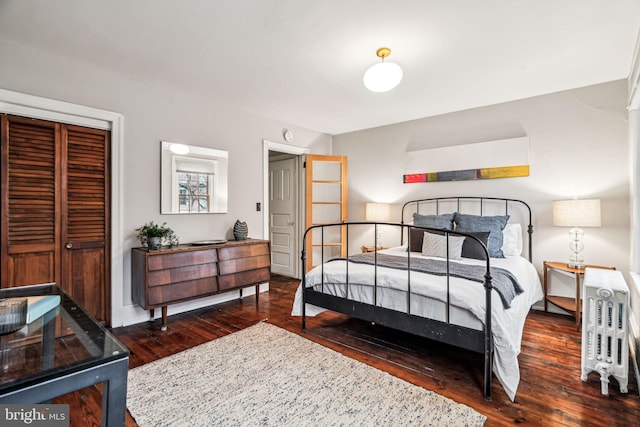 bedroom with dark hardwood / wood-style flooring and a closet