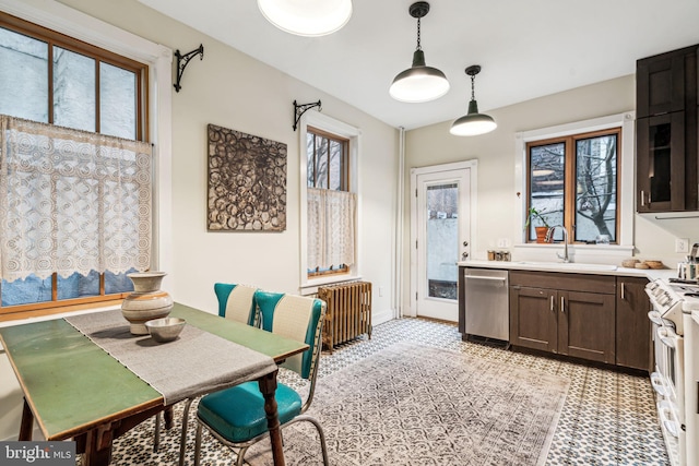 kitchen with stainless steel dishwasher, dark brown cabinetry, radiator, and hanging light fixtures