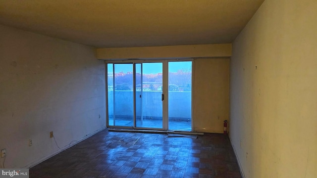 empty room featuring a mountain view and dark parquet flooring