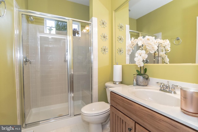 bathroom featuring tile patterned floors, vanity, toilet, and an enclosed shower