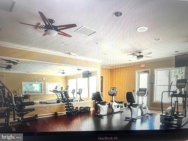 exercise room with ornamental molding