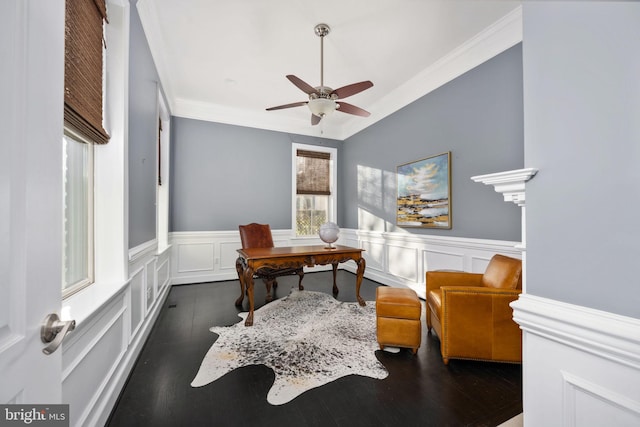 office area with ceiling fan, dark hardwood / wood-style floors, and ornamental molding