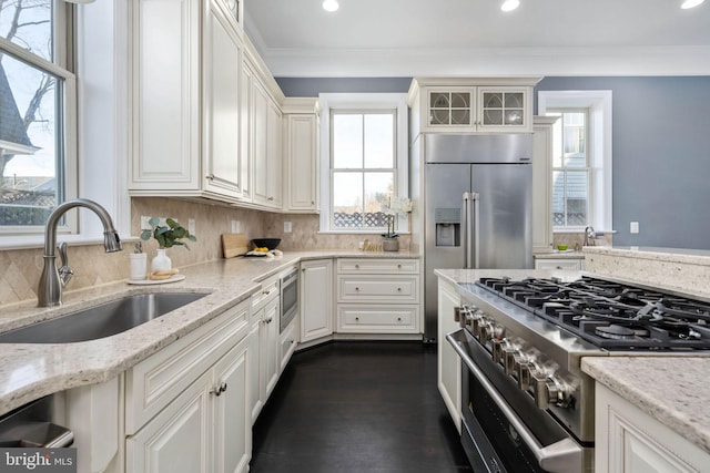 kitchen featuring built in appliances, light stone countertops, sink, and ornamental molding