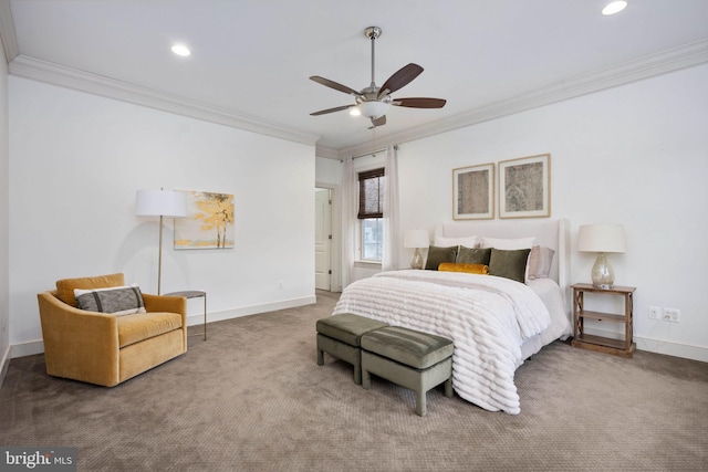 bedroom with ceiling fan, carpet floors, and crown molding