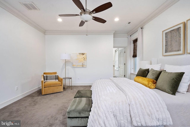 bedroom with carpet, ceiling fan, and ornamental molding