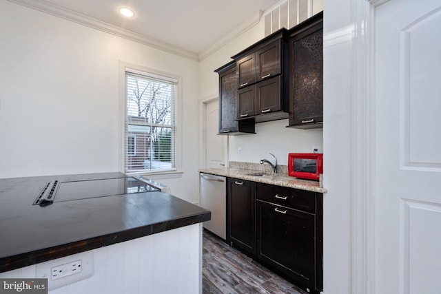 kitchen with dishwasher, crown molding, sink, dark hardwood / wood-style floors, and dark brown cabinets