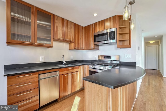 kitchen featuring sink, light hardwood / wood-style floors, decorative light fixtures, and appliances with stainless steel finishes