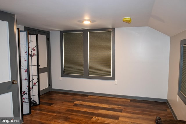 interior space featuring dark hardwood / wood-style floors and lofted ceiling