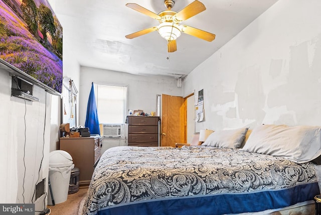 bedroom featuring carpet flooring, ceiling fan, and cooling unit