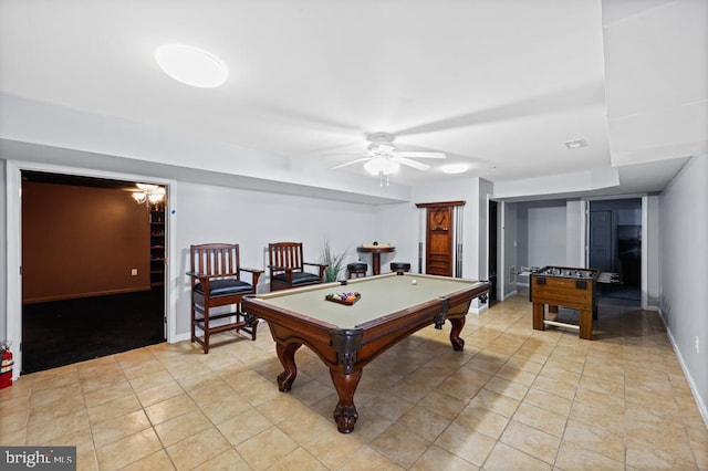 game room with pool table, ceiling fan, and light tile patterned floors