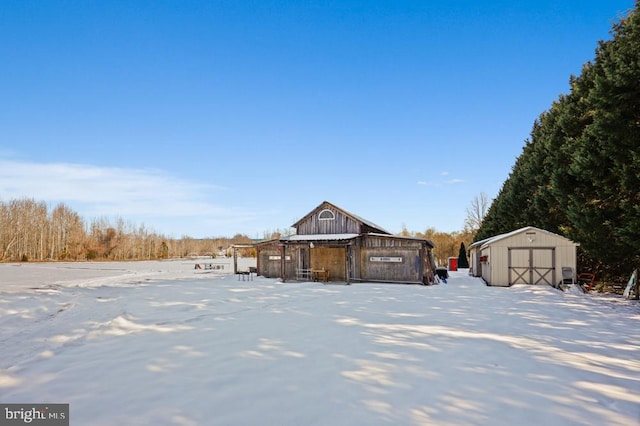 exterior space with a shed