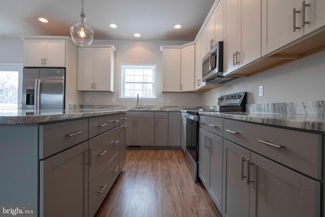 kitchen with hardwood / wood-style flooring, decorative light fixtures, appliances with stainless steel finishes, and gray cabinetry