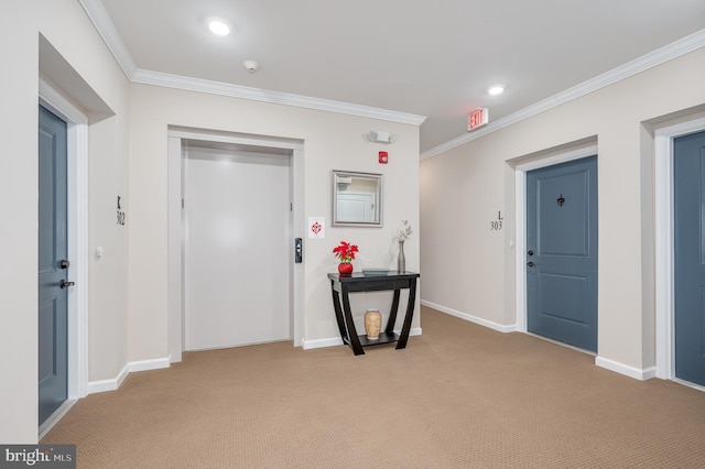 corridor with light colored carpet and crown molding