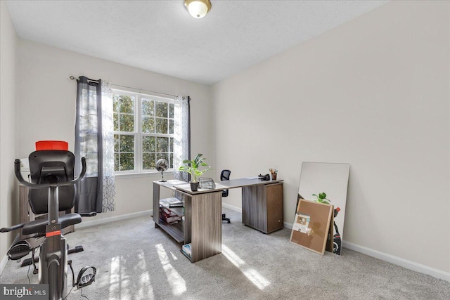 carpeted home office featuring a textured ceiling