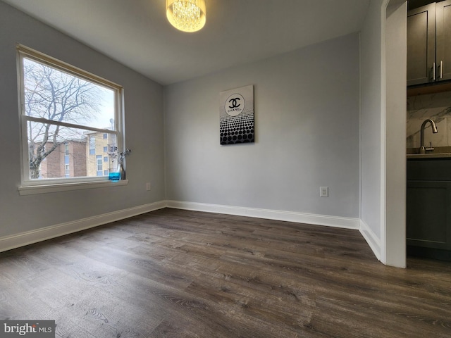 unfurnished dining area with sink and dark wood-type flooring