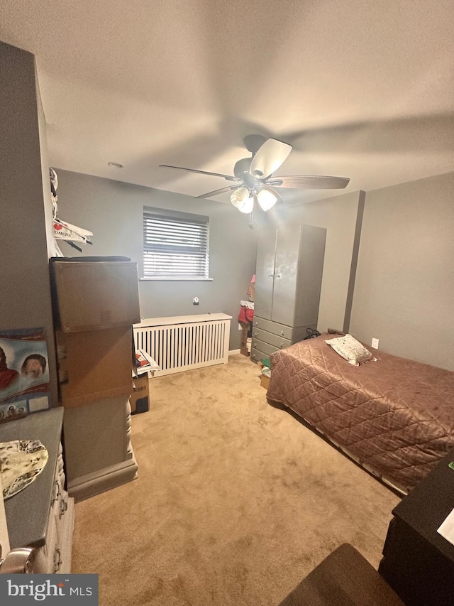 bedroom featuring ceiling fan, light colored carpet, and pool table