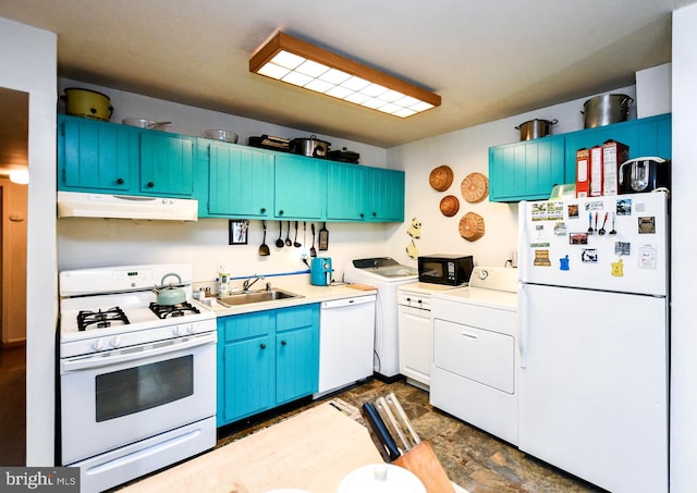 kitchen featuring blue cabinets, white appliances, sink, and washer / clothes dryer