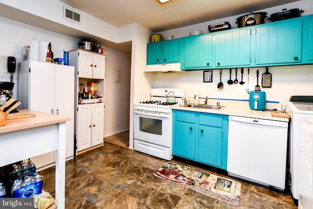 kitchen with white cabinets, white appliances, blue cabinets, and sink