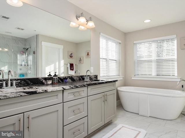 bathroom with vanity and separate shower and tub