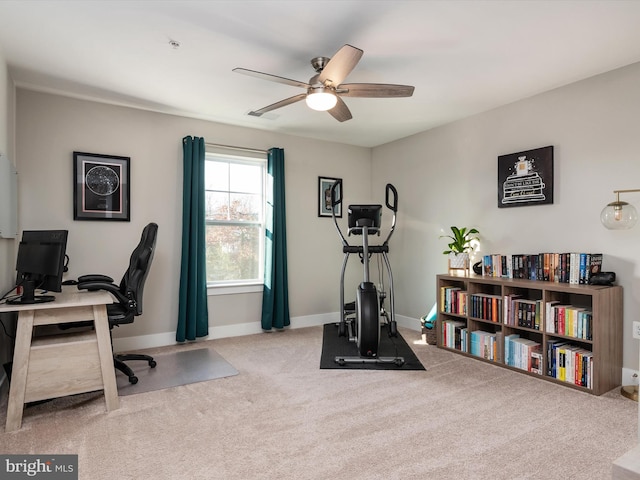 office area with carpet flooring and ceiling fan