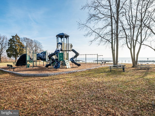 view of play area featuring a water view