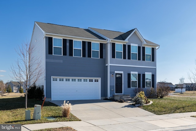 view of front facade featuring a front lawn and a garage