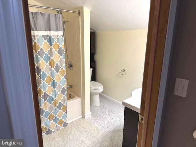 full bathroom with toilet, shower / bath combo, and vanity