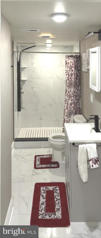 bathroom with vanity, toilet, and a shower with shower curtain