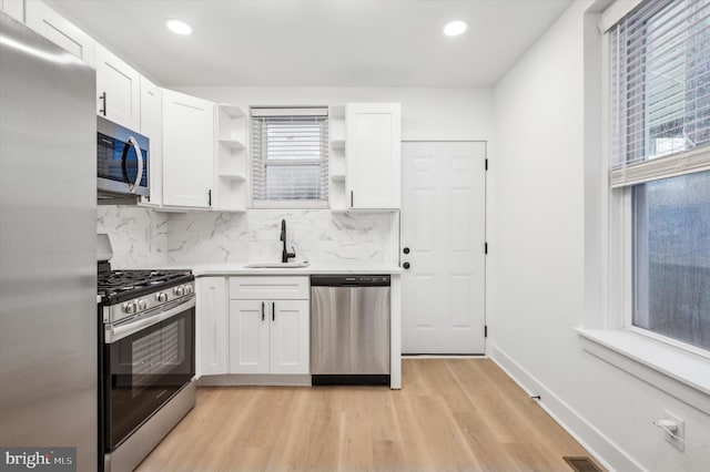 kitchen featuring decorative backsplash, appliances with stainless steel finishes, sink, light hardwood / wood-style flooring, and white cabinets