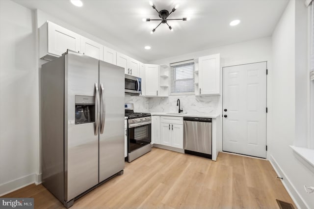 kitchen featuring white cabinetry, sink, decorative backsplash, appliances with stainless steel finishes, and light wood-type flooring