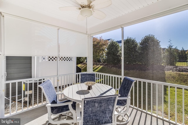 sunroom featuring ceiling fan