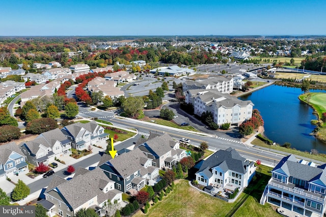 drone / aerial view featuring a water view