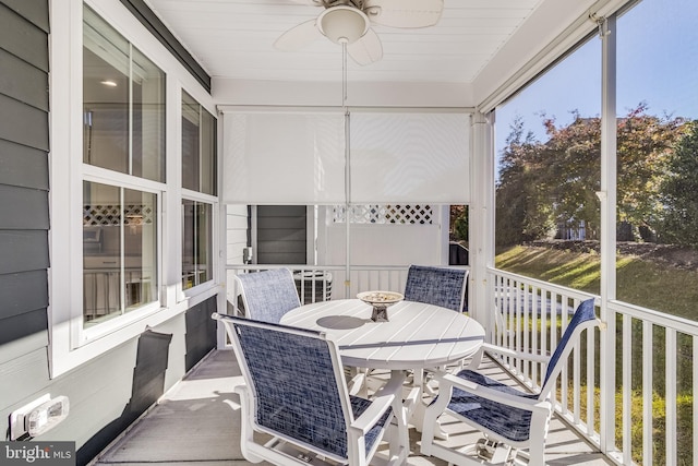 sunroom featuring ceiling fan