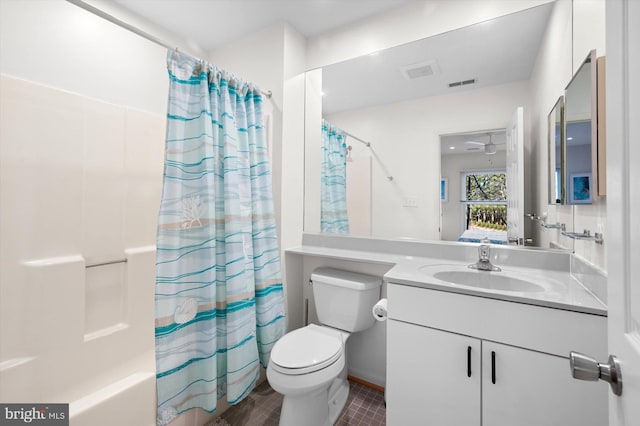 full bathroom featuring ceiling fan, toilet, shower / bathtub combination with curtain, and vanity