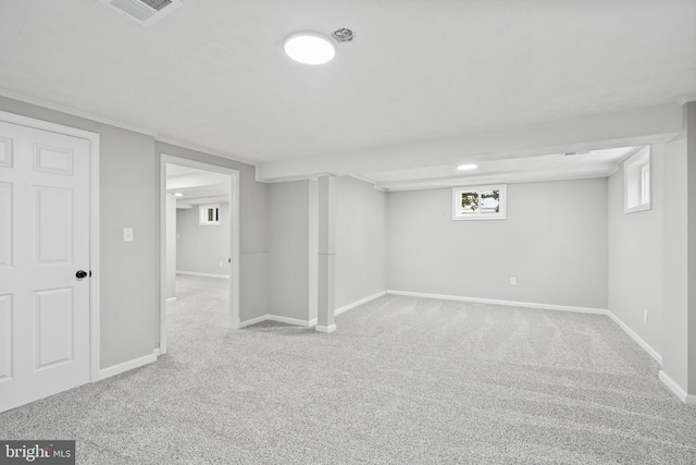 basement with light colored carpet