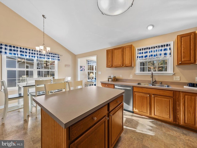 kitchen with dishwasher, a center island, sink, hanging light fixtures, and a chandelier